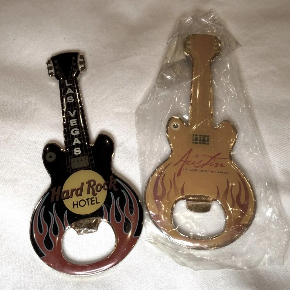 Hard Rock Hotel Las Vegas & Austin Guitar Bottle Opener Set Flame Music Souvenir
